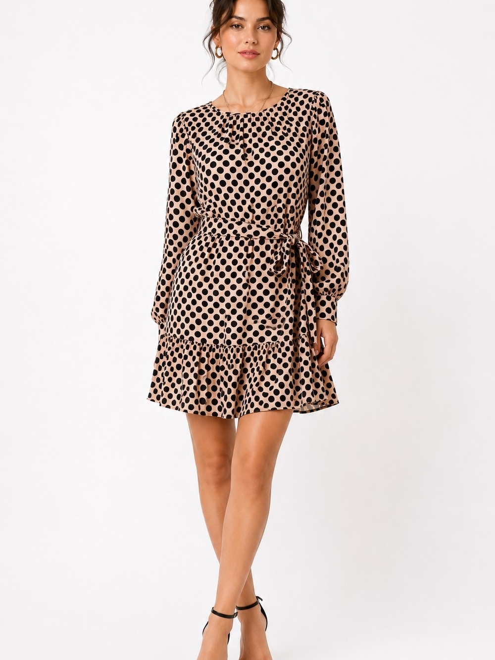 Who What Wear Polka Dot Linen Blend Tie Waist Mini Dress Medium tea party pocket